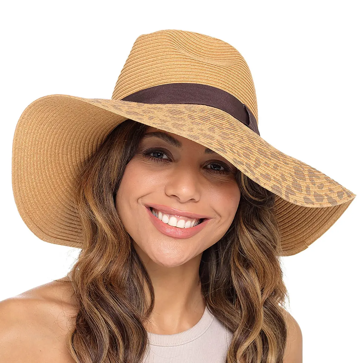 Womens Leopard Print Tan Straw Hat Wide Brim Summer Sun Holiday 1