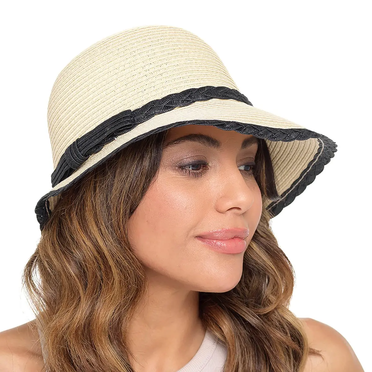 Womens Cloche Hat Braid Trim Bow Paper Straw Summer Beach 1