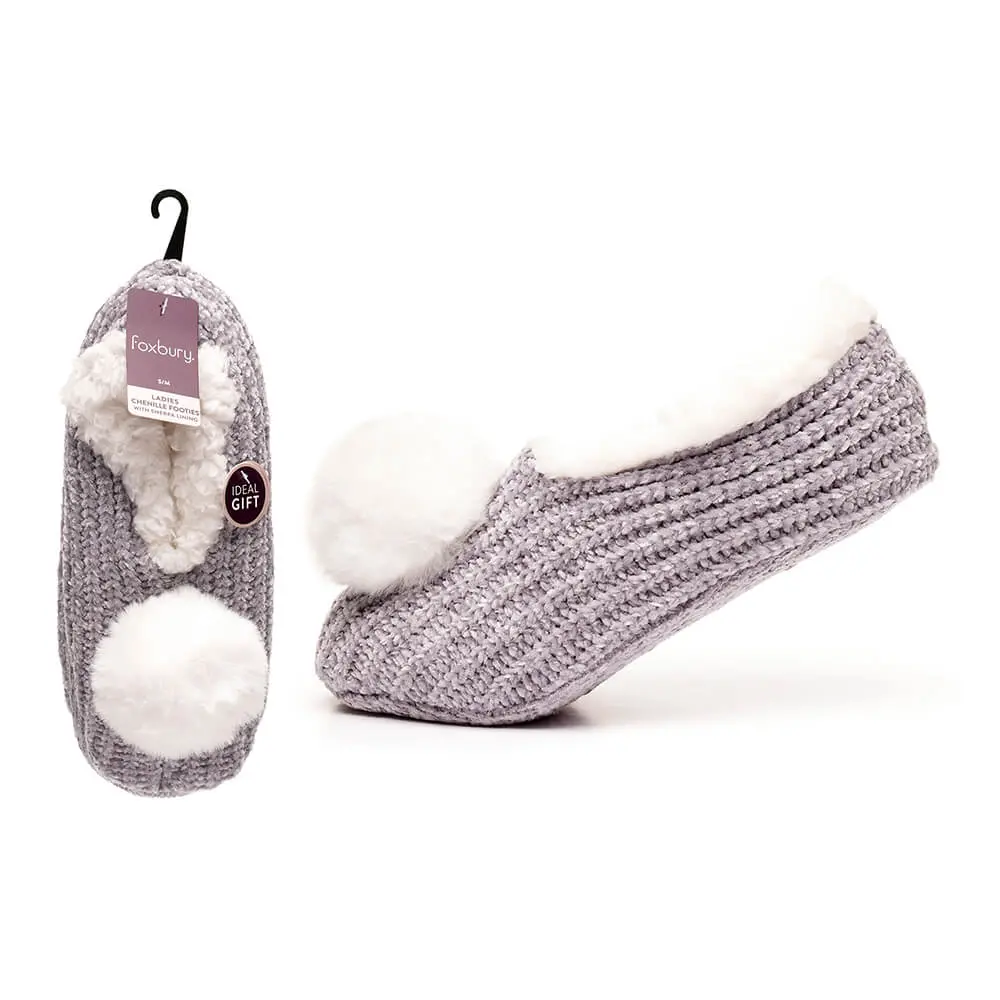 Foxbury Womens Chenille Footies Slippers Socks Sherpa Lining 1