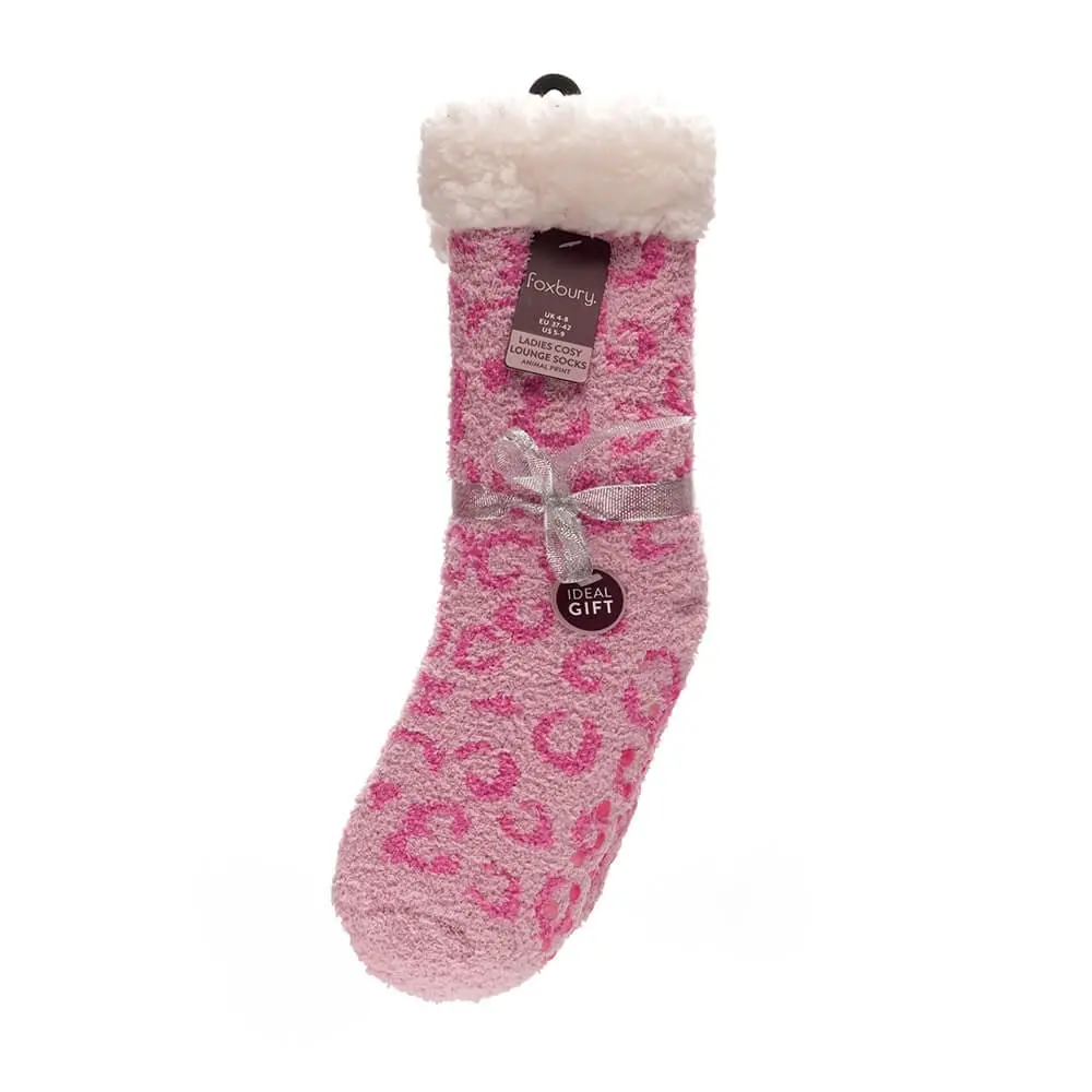 Foxbury Womens Cosy Lounge Socks Pair Animal Print Sherpa Trim 2