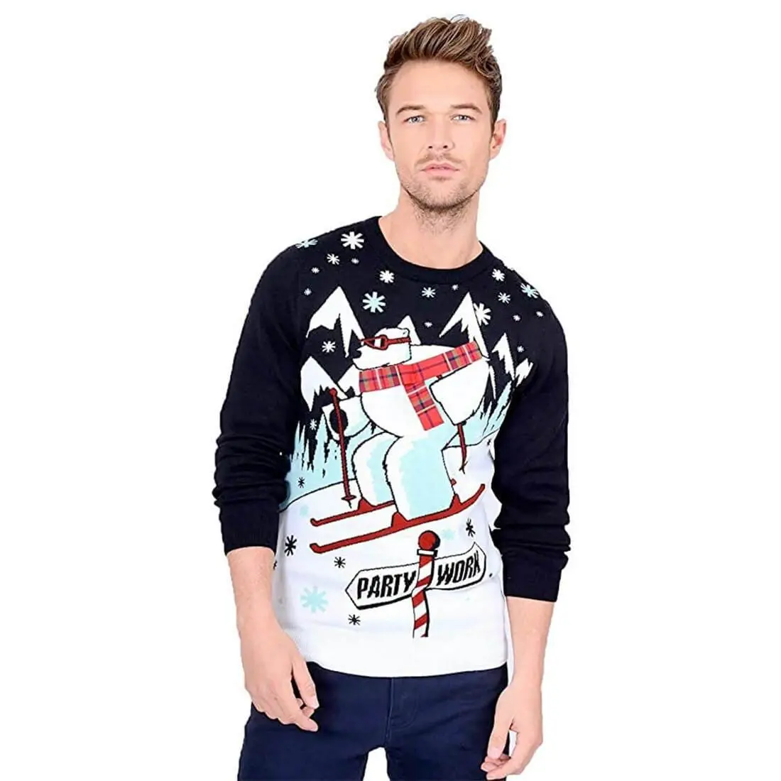 Mens Skiing Polar Bear Christmas Jumper Party Work Dark Navy 1