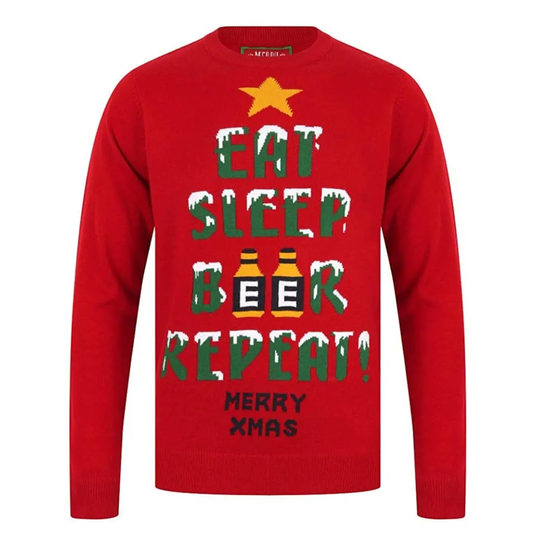 Men's Humorous Christmas Sweater Featuring 'Eat Sleep Beer Repeat' Design - Image 2