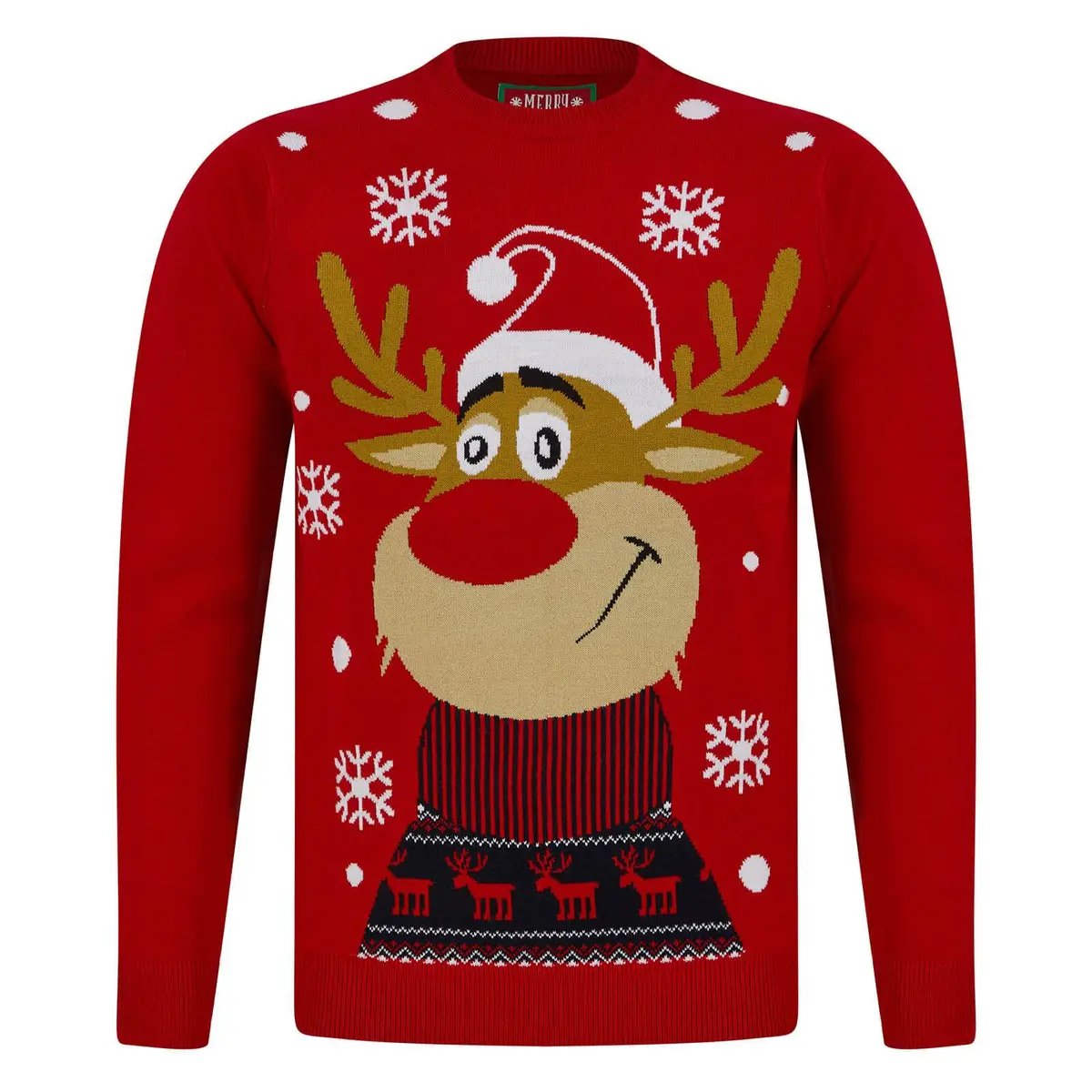 Mens Smiling Rudolph Reindeer Christmas Jumper 1