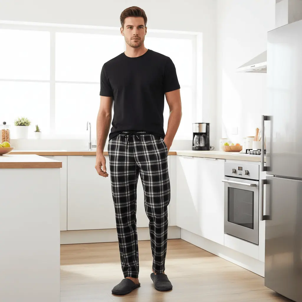 Mens Pyjama Trousers Lounge Pants Checked Cotton 1