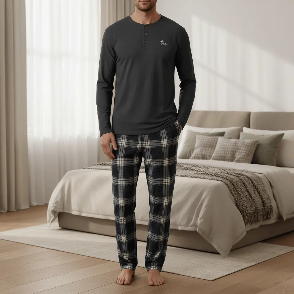 Mens Lounge Set Pjs Long Sleeve Top Checked Trousers Cotton 1