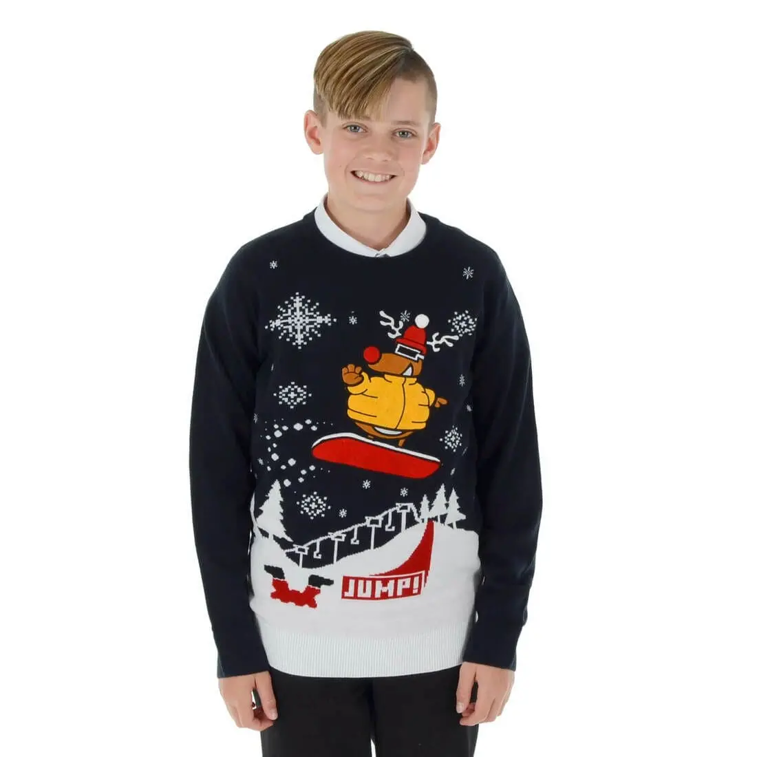 Kids Snowboarding Rudolph Christmas Jumper Snowflakes Fun 1