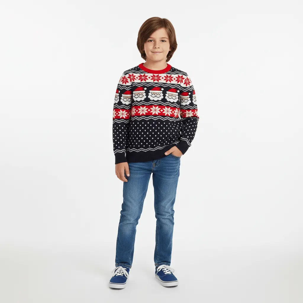Kids Christmas Jumper Santa Head Snowflakes Red Black Nordic 1
