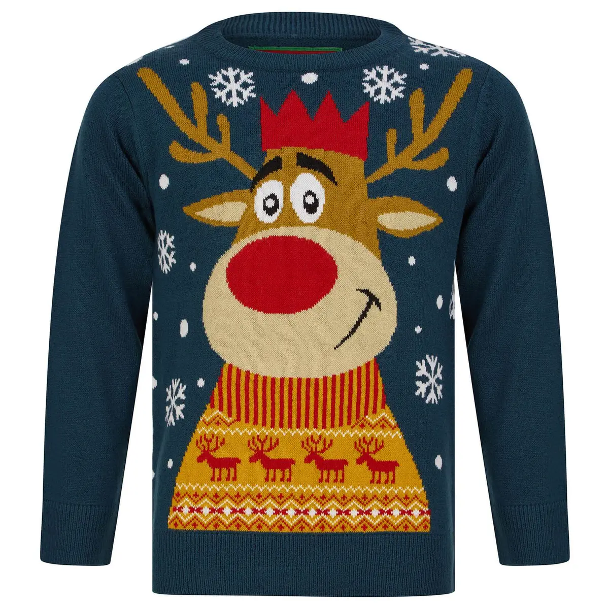 Kids Christmas Jumper Smiling Reindeer Snowflakes Fair Isle 1