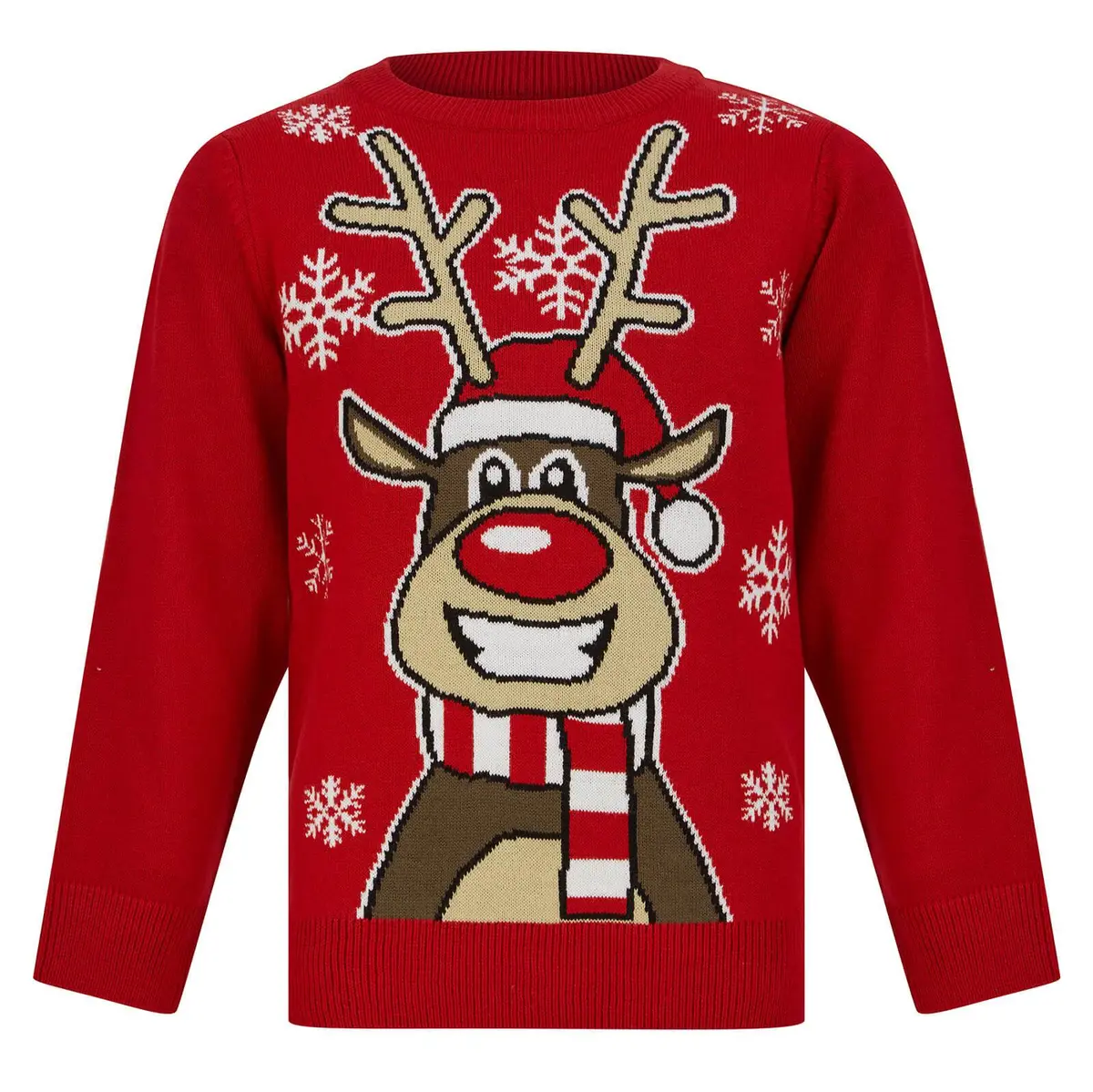 Kids Happy Reindeer Christmas Jumper Snow Rudolph Red Black 1