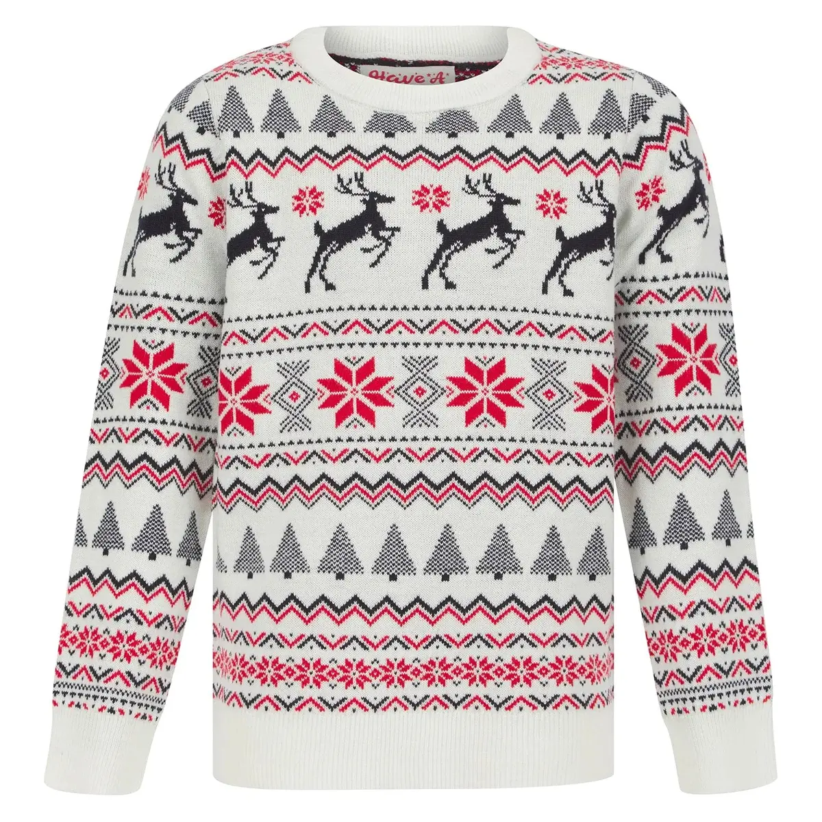 Kids Reindeer Christmas Jumper Trees Snowflakes Traditional Design 1