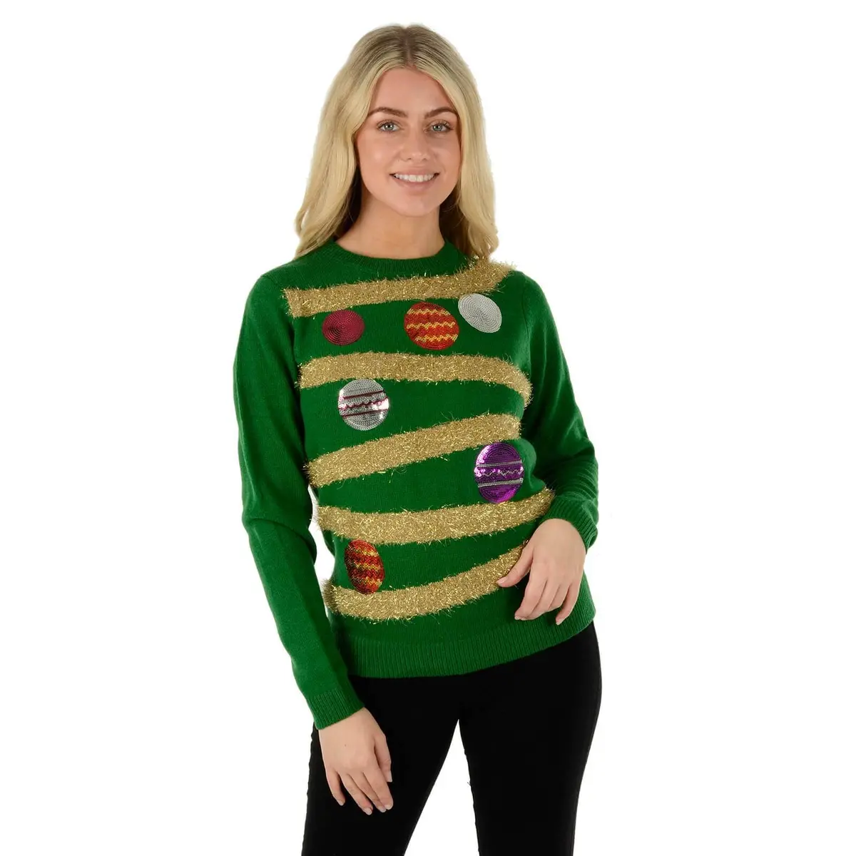 Womens Christmas Jumper Tinsel Bauble Tree Sequins Green 1