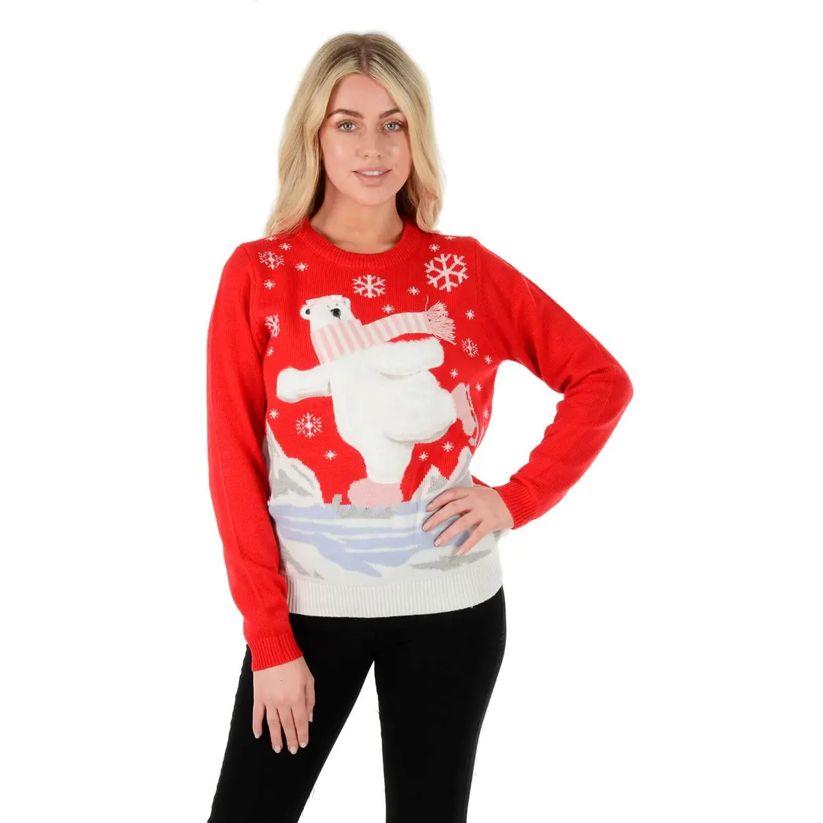 Ladies Christmas Jumper Polar Bear Ice Skating Red 1