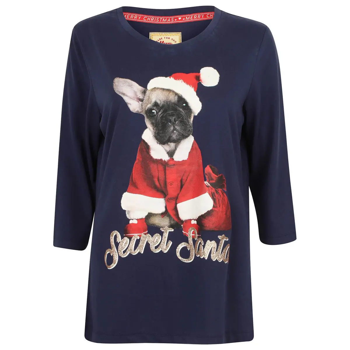 Womens Christmas T-Shirt Top 3/4 Sleeve Secret Santa Puppy 1