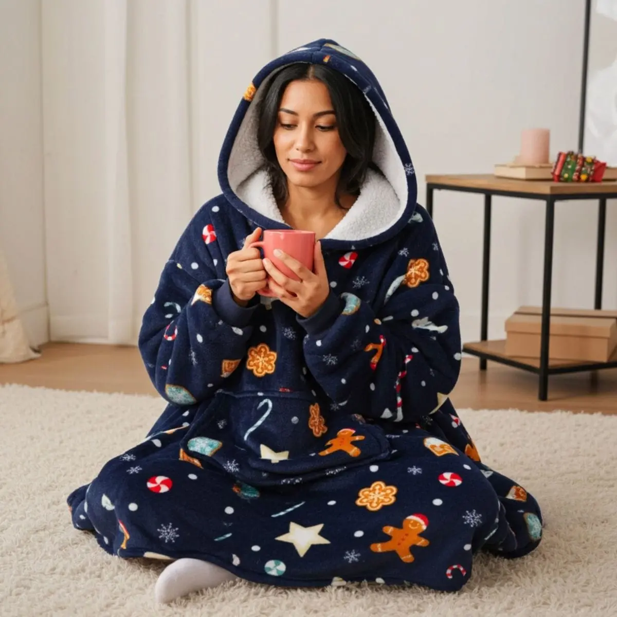Adults Christmas Hoodie Blanket Festive Fleece Hooded Top One Size 1