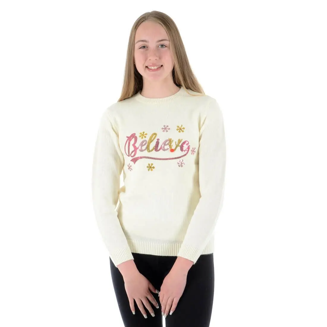 Girls Christmas Jumper Believe Flowers Sequins Pink Gold 1