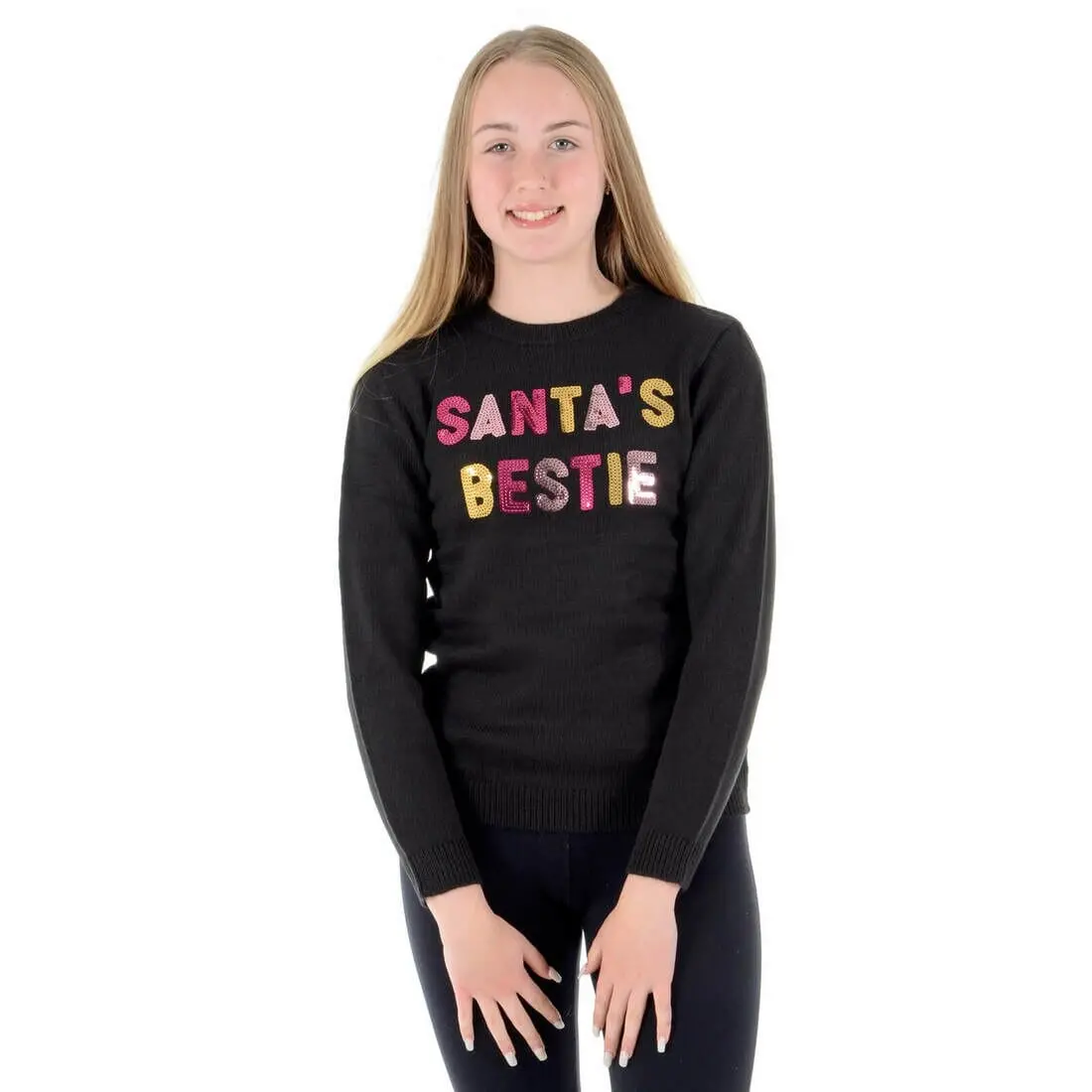 Girls Santas Bestie Christmas Jumper Gold Pink Sequins 1