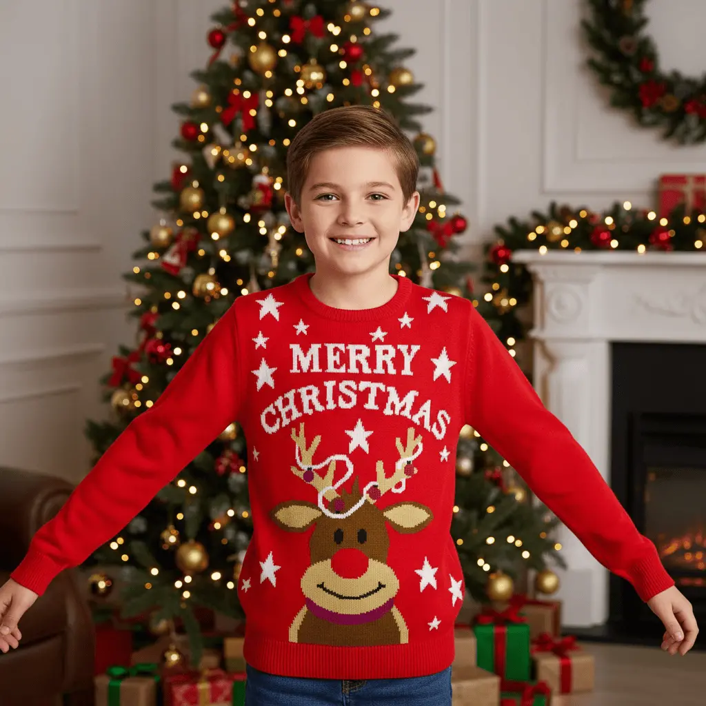 Kids Tangled Reindeer Christmas Jumper Red Rudolph Stars 1