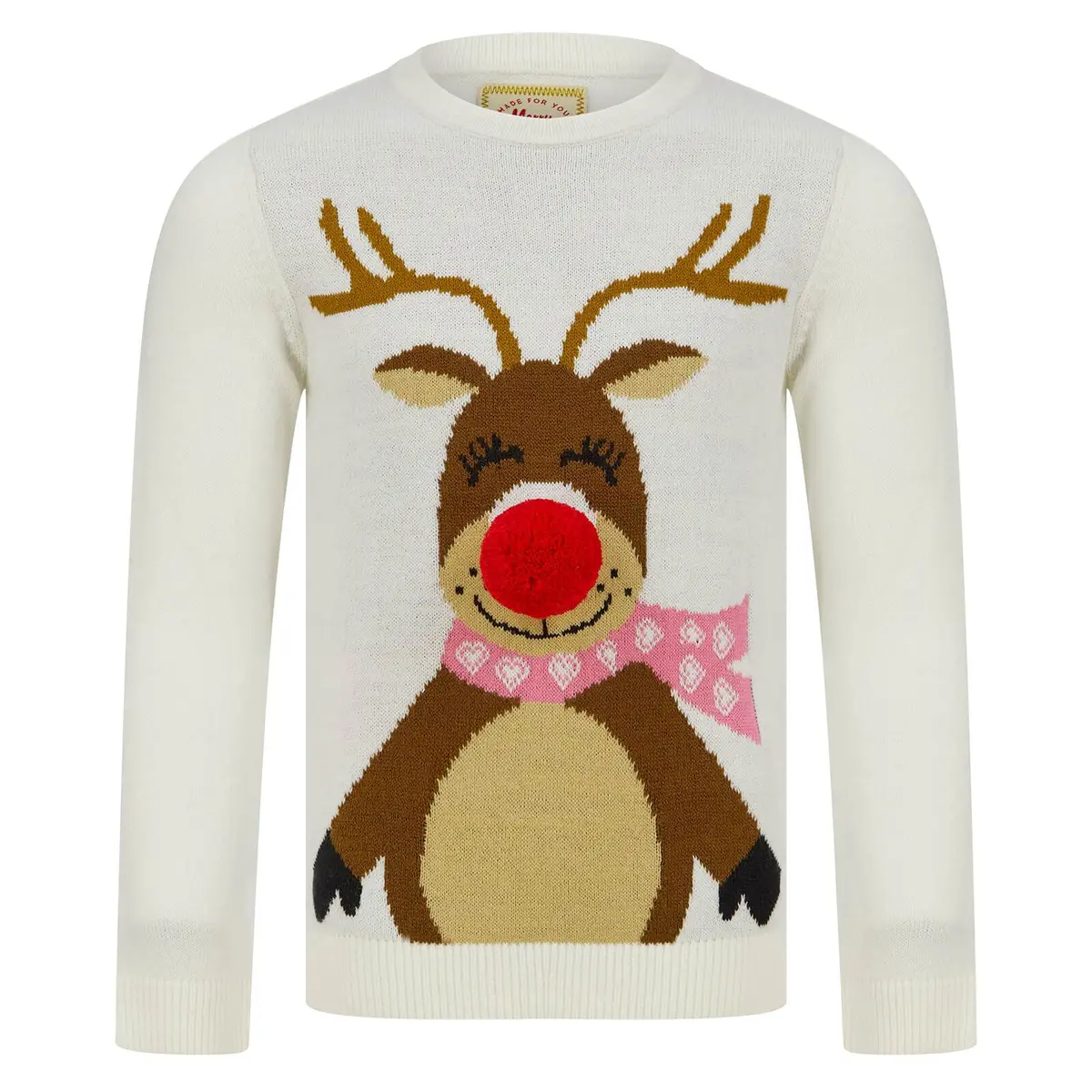 Kids Happy Reindeer Christmas Jumper Red Pom Pom Nose 1