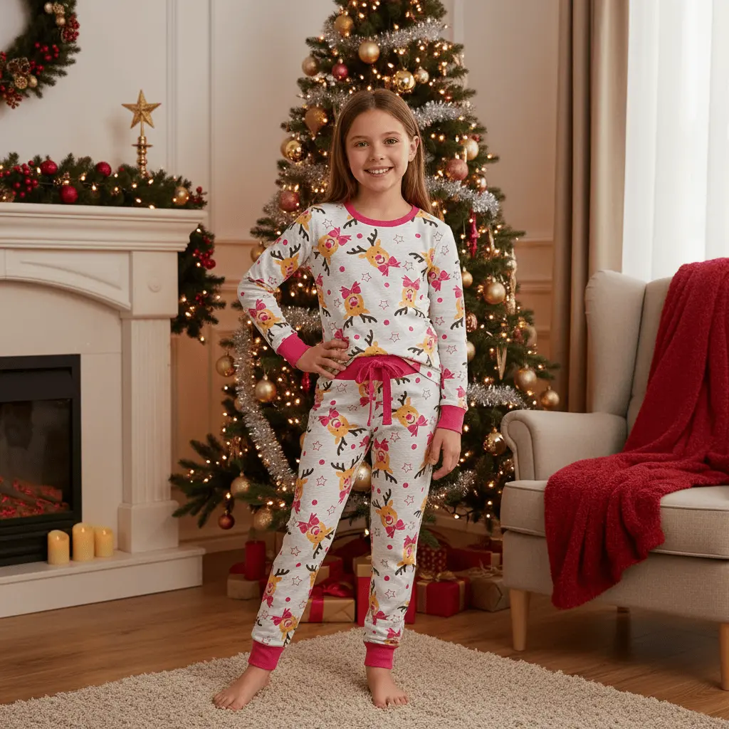 Kids Girls Christmas Pyjama Set Rudolph Print Navy Grey 1