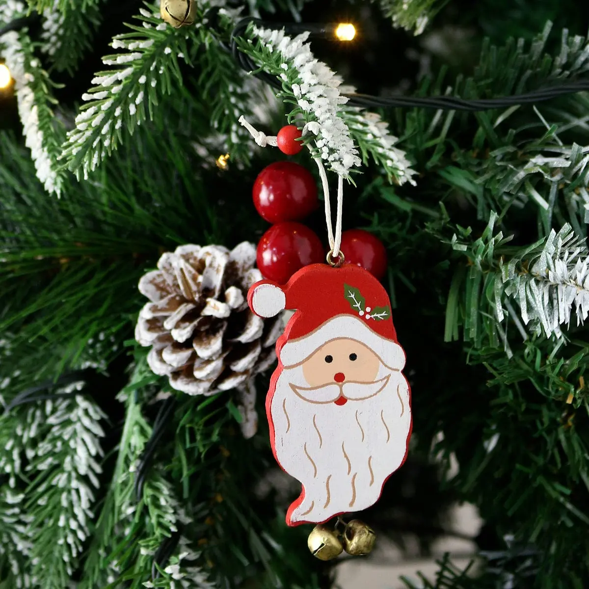 Set Of 6 Santa Face Xmas Tree Decorations Wooden Boxed 1