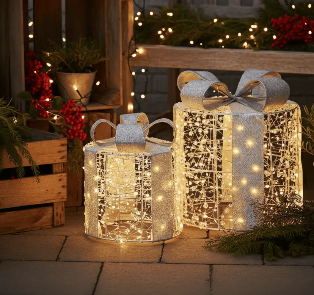 Set Of 3 Christmas Gift Box Light Up Decoration Warm White Beads Bows 1