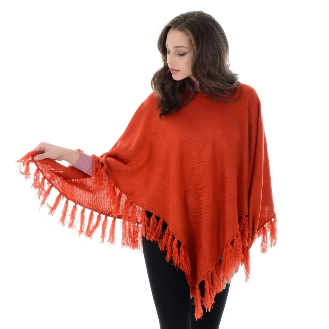 Womens Addison Tassel Poncho Knitwear Navy/Orange One Size 1
