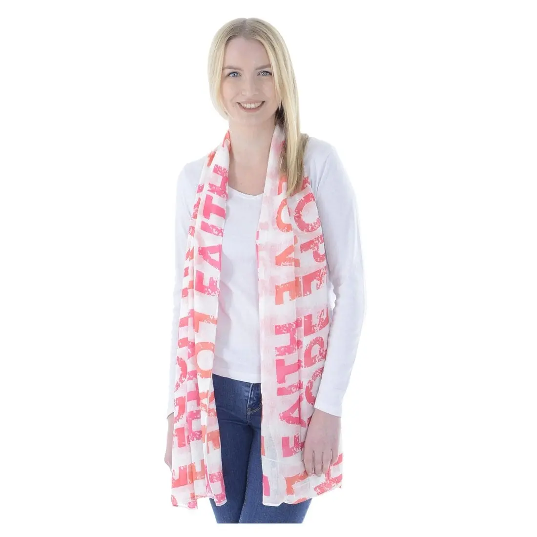 Womens Sheer Summer Scarf Pink Love Hope Faith Print 1