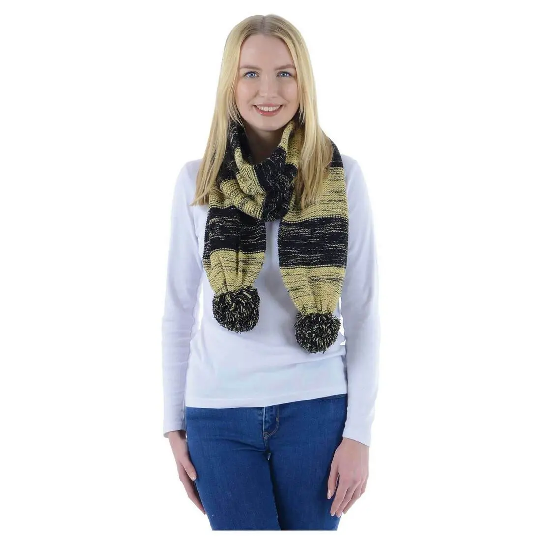 Drew Womens Knitted Scarf Marl Stripe & Large Pom Poms 1