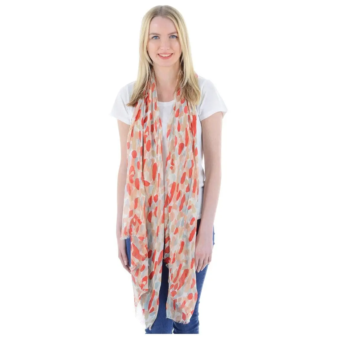 Womens Lightweight Sheer Summer Scarf Red Abstract Print 1