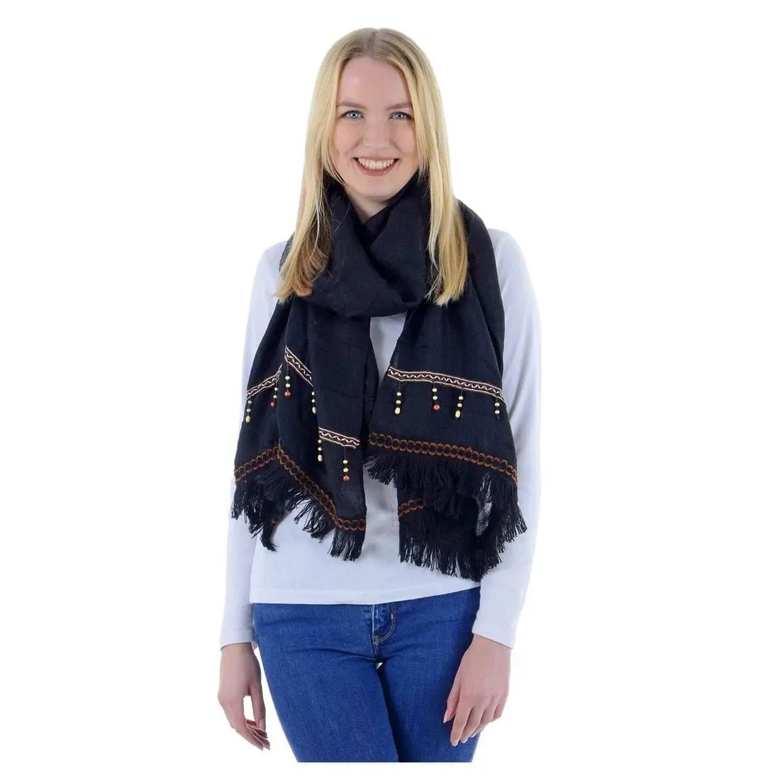 Klaudia Womens Black Fringed Scarf Beaded Wrap 1