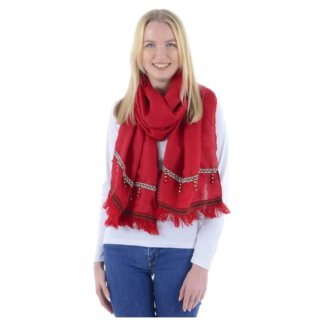 Klaudia Womens Red Fringed Scarf Fringed Beaded Wrap 1