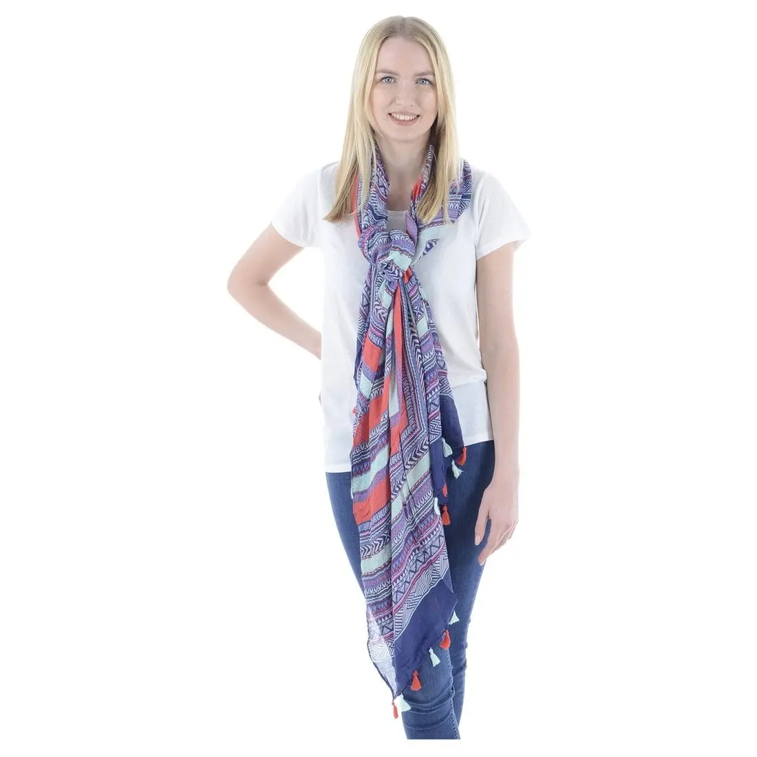 Womens Lightweight Sheer Scarf Blue Aztec Print (Leandro) 1