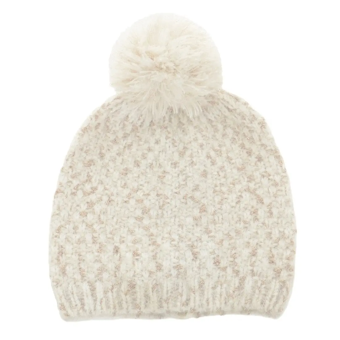 Maddie Womens Ivory/Gold Knit Beanie Hat With Pom Pom 1