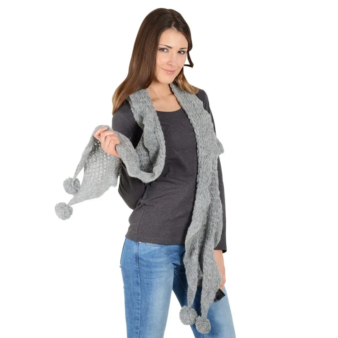Mia Womens Loose Knit Scarf With Pom Poms Grey Mink Indigo 1
