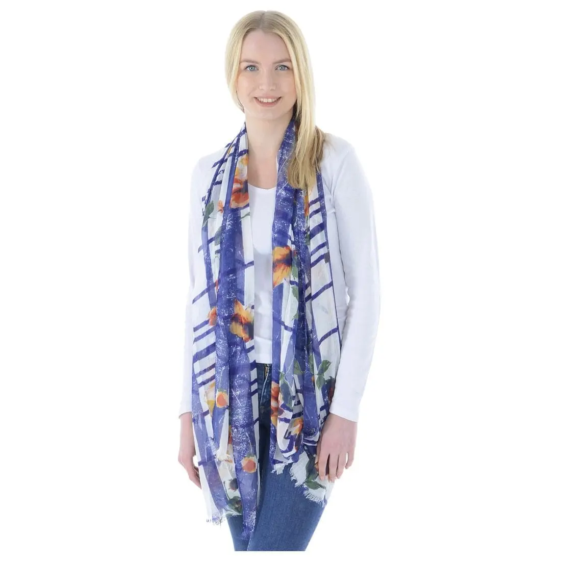 Womens Lightweight Sheer Scarf With Check & Floral Print (Milena) 1