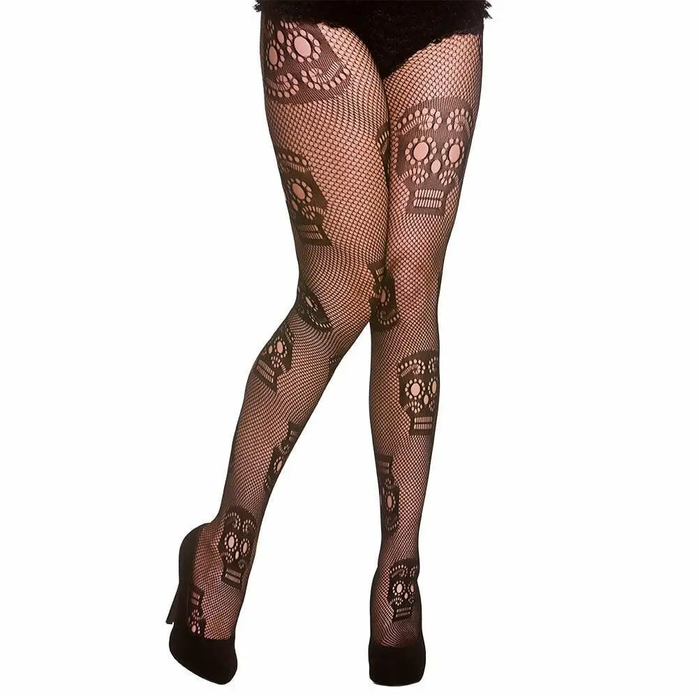 Fishnet Skull Tights Adults Black Day Of The Dead Fancy Dress 1
