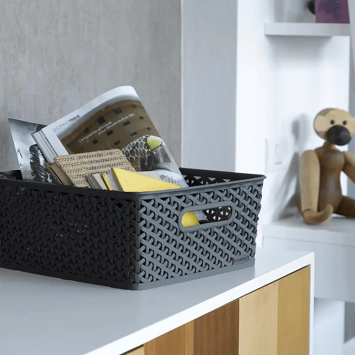 Curver My Style Dark Grey Rectangular Rattan Effect Storage Basket 1