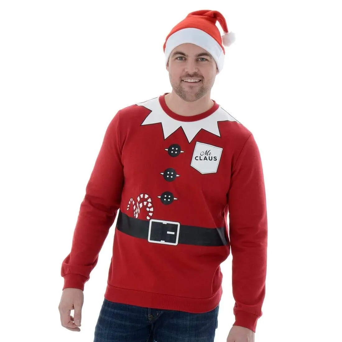 Mens Novelty Santa Mr Claus Christmas Jumper Sweatshirt & Hat 1