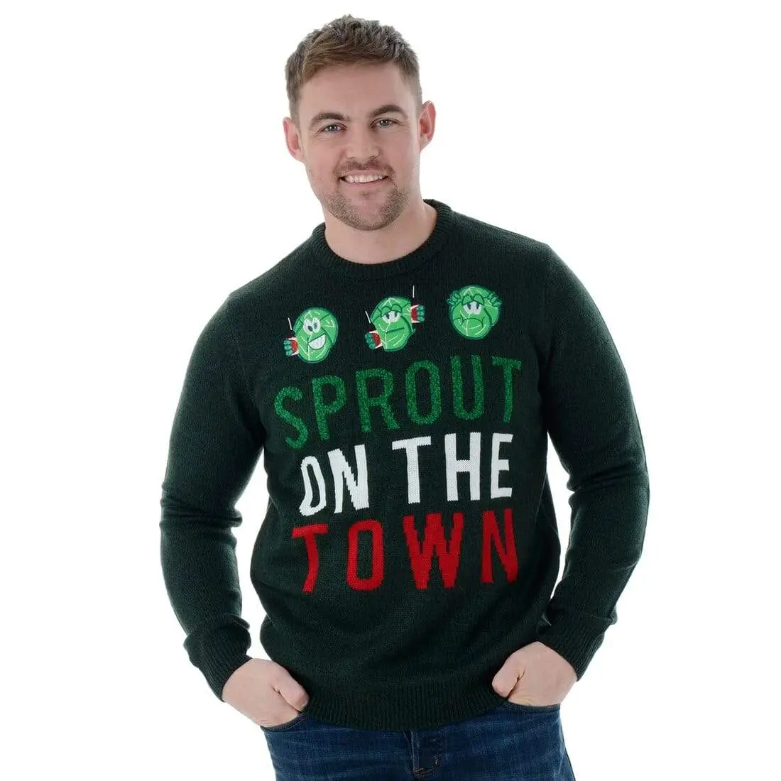 Mens Funny Novelty Knitted Sprout On The Town Christmas Jumper 1