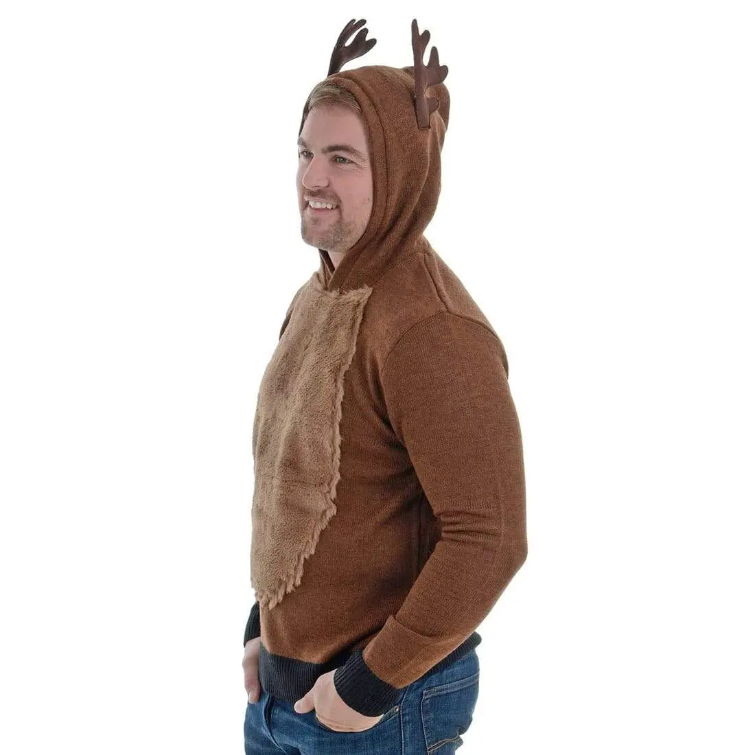 Mens Christmas Hooded Jumper Rudolph Antlers Brown Knit 1