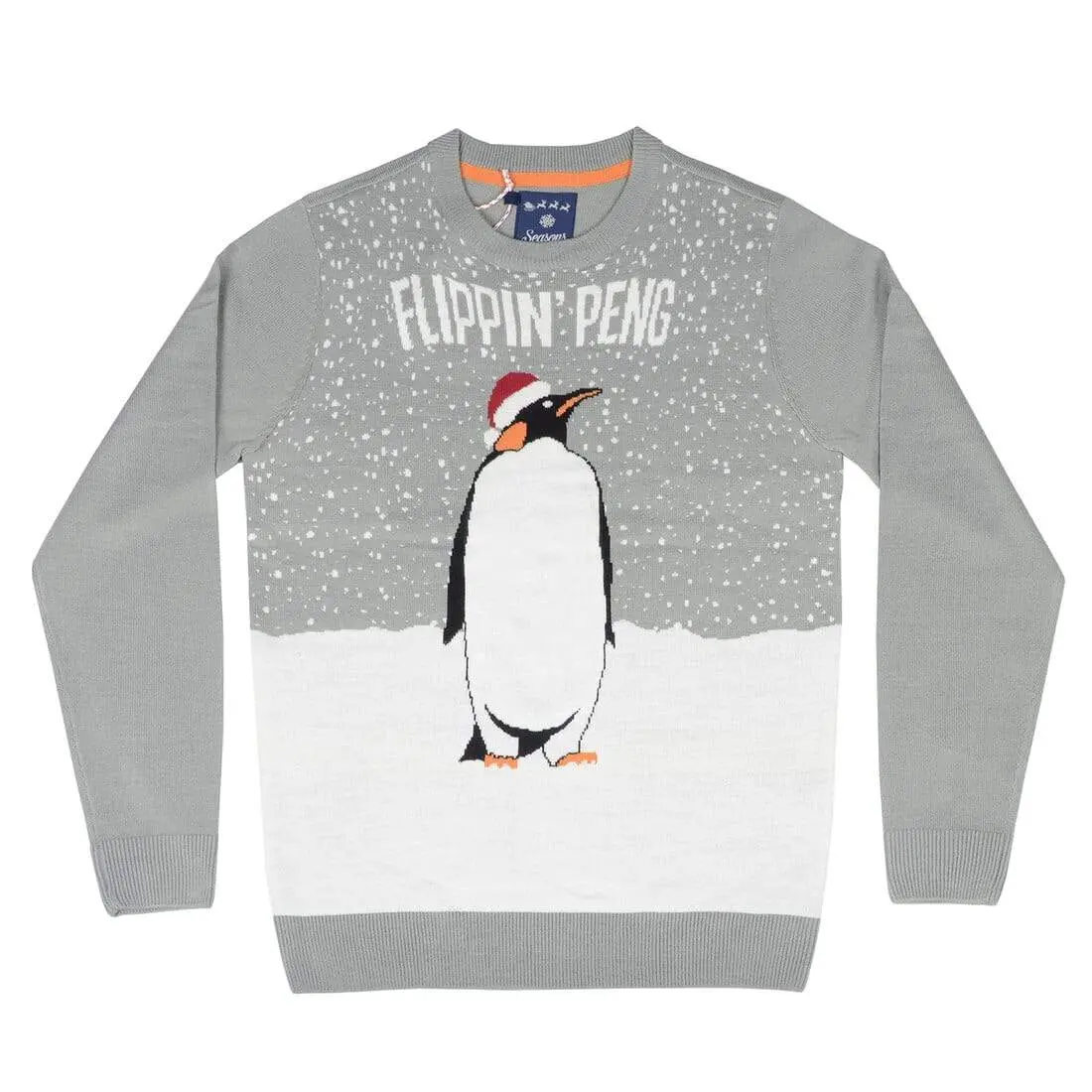 Mens Christmas Jumper Flippin Peng Snow Grey Crew Neck Fun 1