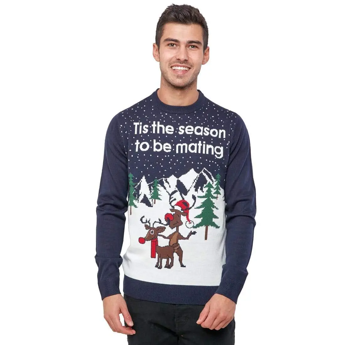 Mens Christmas Jumper Rude Reindeer Xmas Navy Adult Party Fun 1