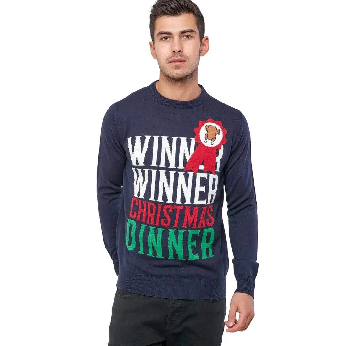 Mens Christmas Jumper Winner Xmas Dinner Slogan Navy Turkey 1
