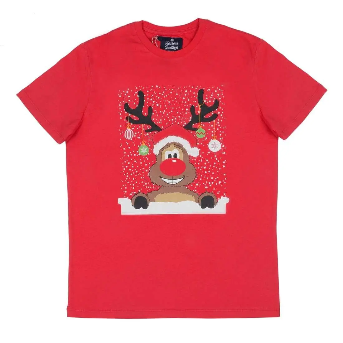 Mens Red Christmas T-Shirt With Reindeer & Baubles Print 1