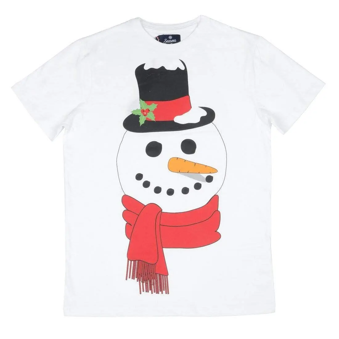Mens White Christmas T-Shirt With Large Snowman Head Print 1