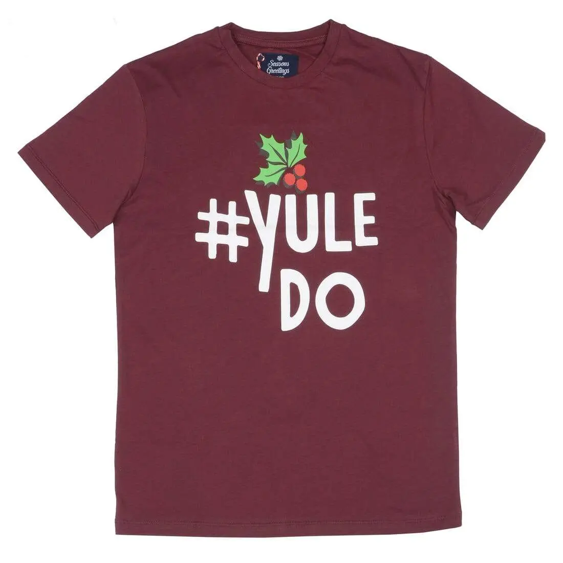 Mens Christmas T-Shirt Yule Do Dark Red Holly Xmas Party Top 1