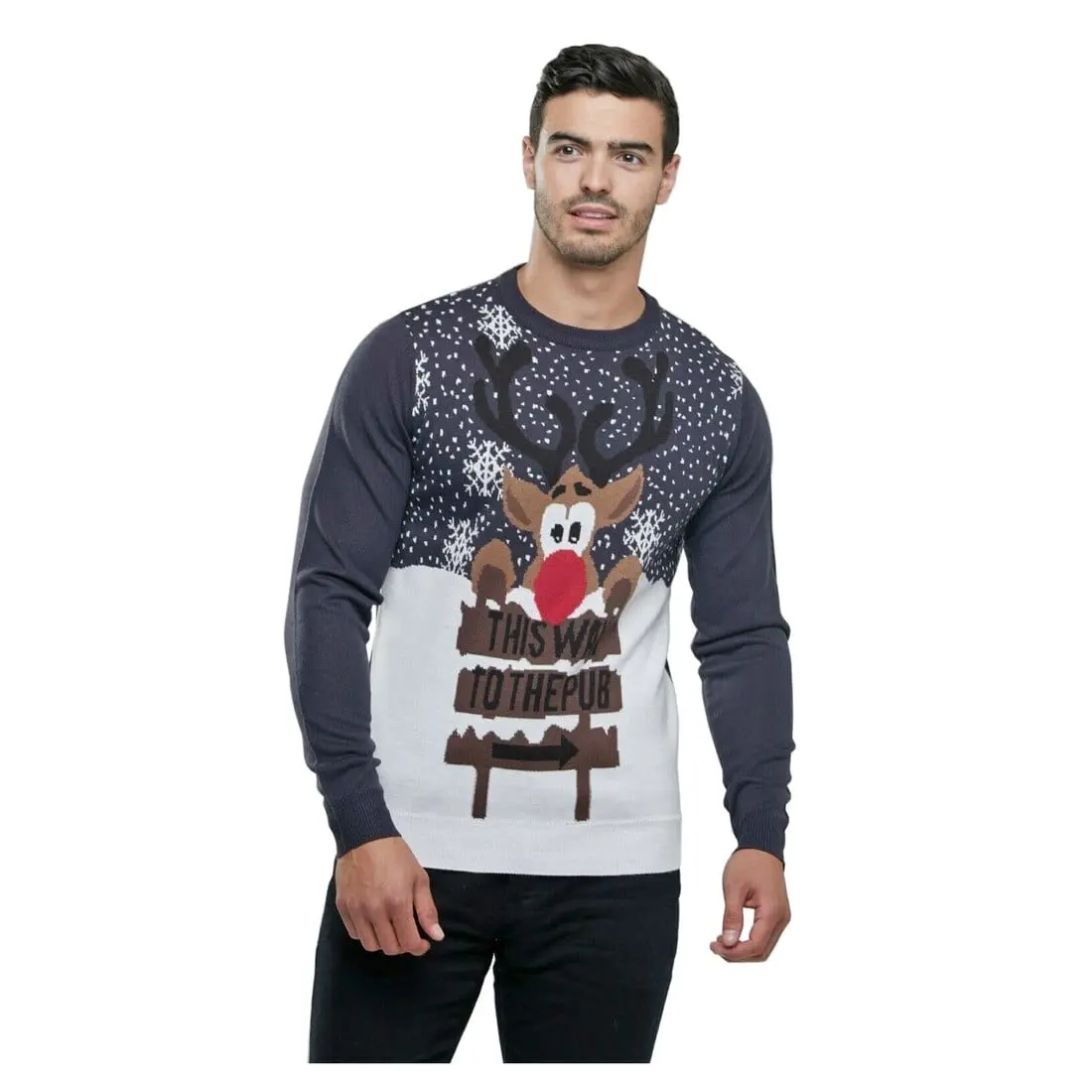 Mens Christmas Jumper Navy This Way To Pub Snowflakes Xmas 1