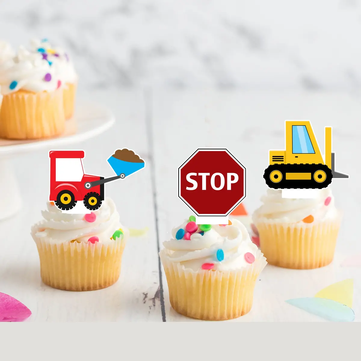 Construction Zone Pre-Cut Edible Stand-Up Wafer Card Cupcake Toppers 1
