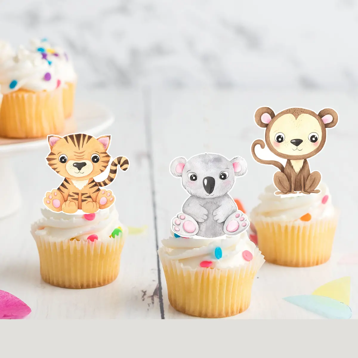 Tropical Animals Pre-Cut Edible Stand-Up Wafer Card Cupcake Toppers 1