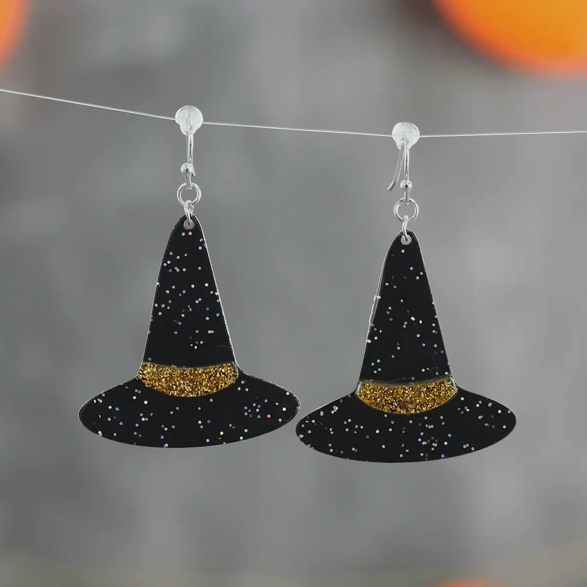 Witch Hat Drop Earrings Black Glitter Halloween Jewellery 1